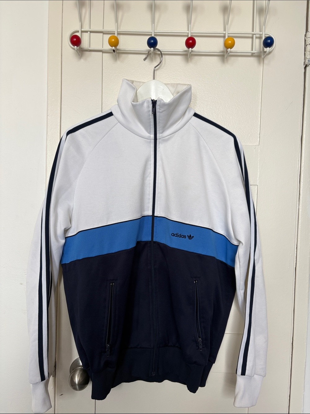 adidas Men’s White, Blue & Navy Colorblock Zip-Up Track Jacket